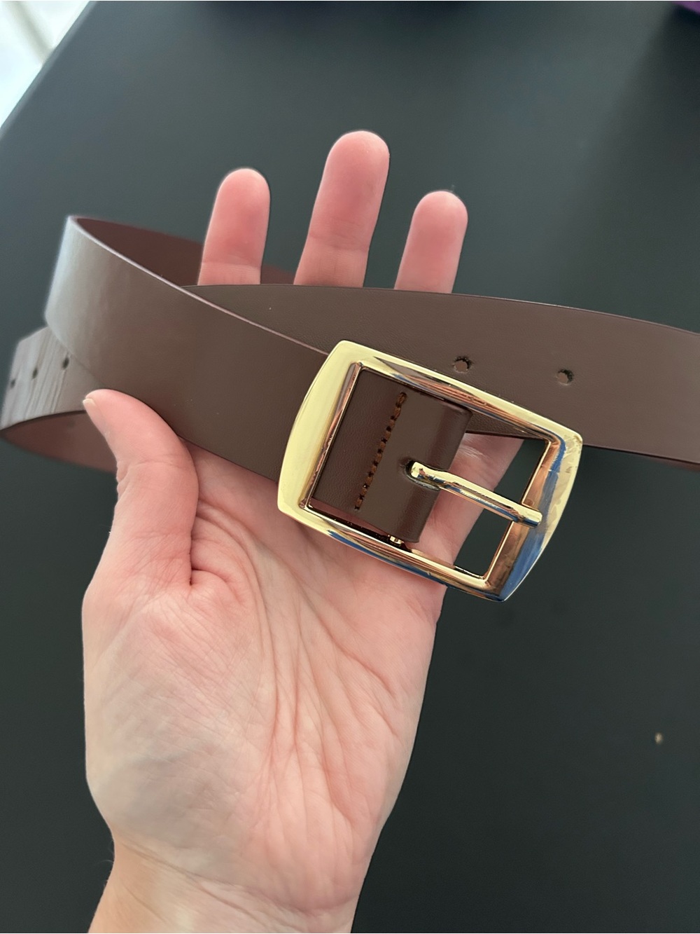 Brown Faux Leather Unisex Belt with Gold Buckle & Hot Fuscia Belt from Express